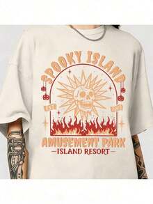 Camiseta de Mujer% Algodón, Camiseta de Parque de Diversiones Spooky Island, Camiseta Retro de Película de Halloween de los Años 2000, Calavera Disco, Camiseta de Verano Espeluznante, Camiseta de Halloween con Nostalgia de los 90s, Camiseta de Halloween con Movimiento. - Albaricoque - Ver 12