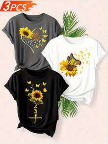 Women's T-Shirts, Women's T-Shirts, 1 Piece Women's Casual T-Shirt, Round Neck, Medium Elasticity, Sunflower Print, Suitable For All Seasons - Sizes S-XXL - 1件黑色隨機圖案 - 查看 6