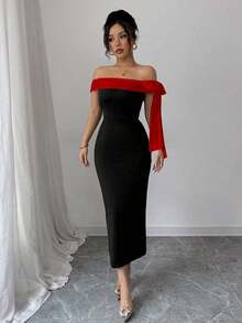 Vestido largo elegante con hombros descubiertos y decoración de lazo - Rojo y negro - Ver 5