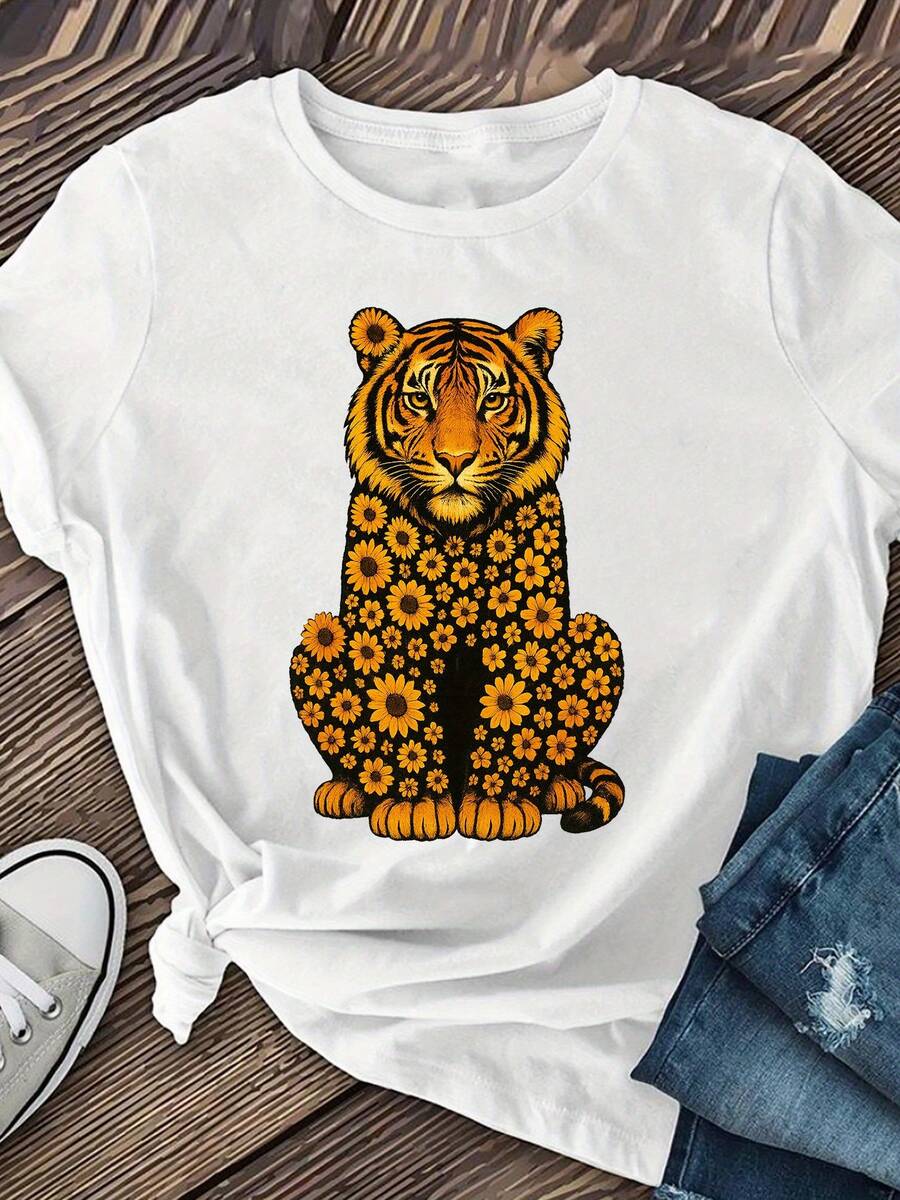 Women's Short-Sleeved T-Shirts With Floral Tiger Print, Women's Clothing, Casual Round Neck Blouses For Spring And Summer - 白色 - 查看 1