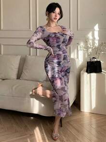 Vestido con estampado floral de primavera y verano, vestido elegante de manga larga transparente con dobladillo de sirena ajustado para festival de música, boda, fiesta, vestido de paseo - Morado - Ver 6