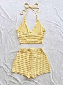 a Conjunto de 2 piezas de top de punto texturizado con escote en V y tirantes finos de color amarillo claro, y shorts, estilo romántico y campestre, bohemio, floral romántico, para vacaciones - Amarillo - Ver 2