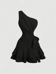 Vestido romántico y soñador en azul, con dobladillo asimétrico y ribete de volantes, apropiado para citas, fiestas, vacaciones, meriendas y ocasiones de cumpleaños - Negro - Ver 1