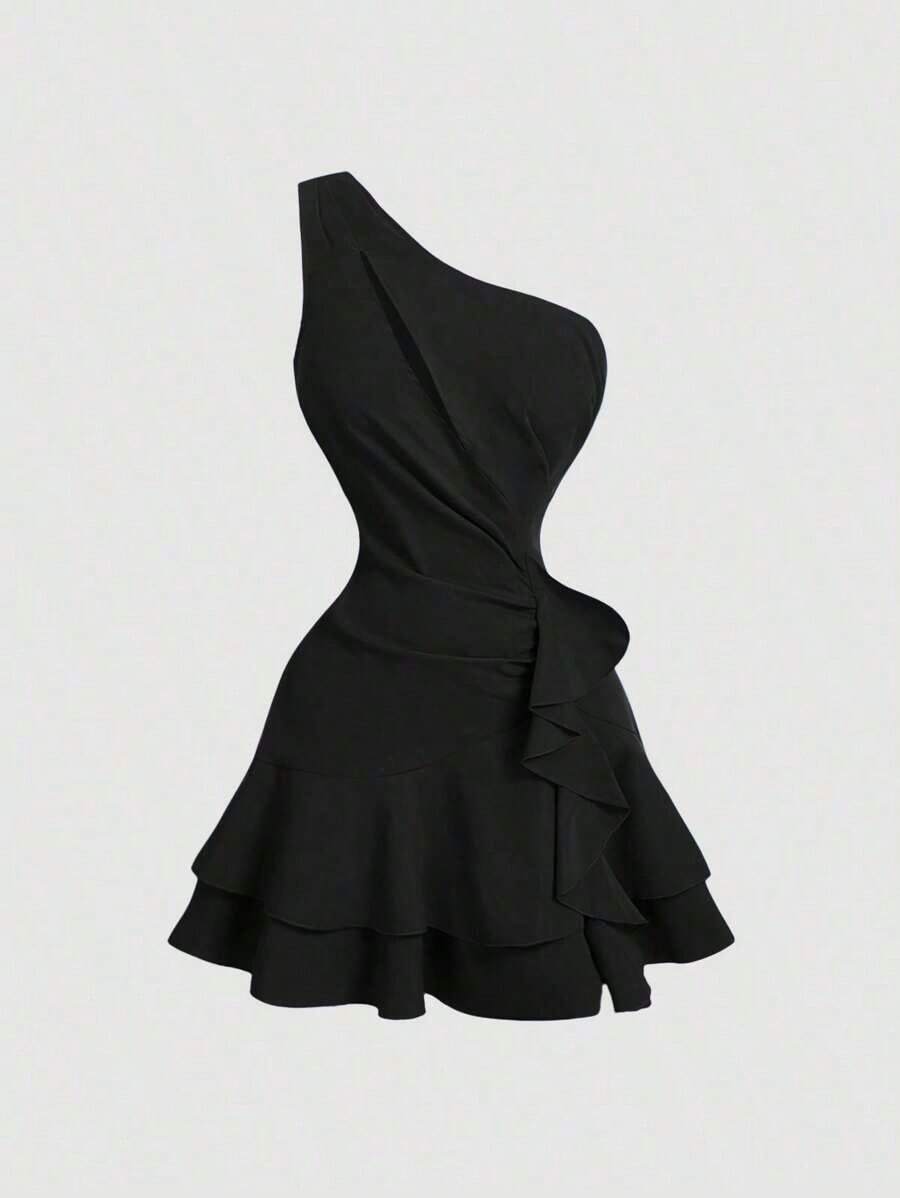 Vestido romántico y soñador en azul, con dobladillo asimétrico y ribete de volantes, apropiado para citas, fiestas, vacaciones, meriendas y ocasiones de cumpleaños - Negro - Ver 1