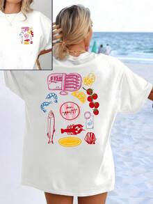 Marine Motifs With Fish, Lemons, Tomatoes And Cheerful Phrases That Evoke Summer And The Freshness Of The Ocean On A Double-Sided Women's T-Shirt Ideal For The Beach And Strolls - 白色 - 查看 8