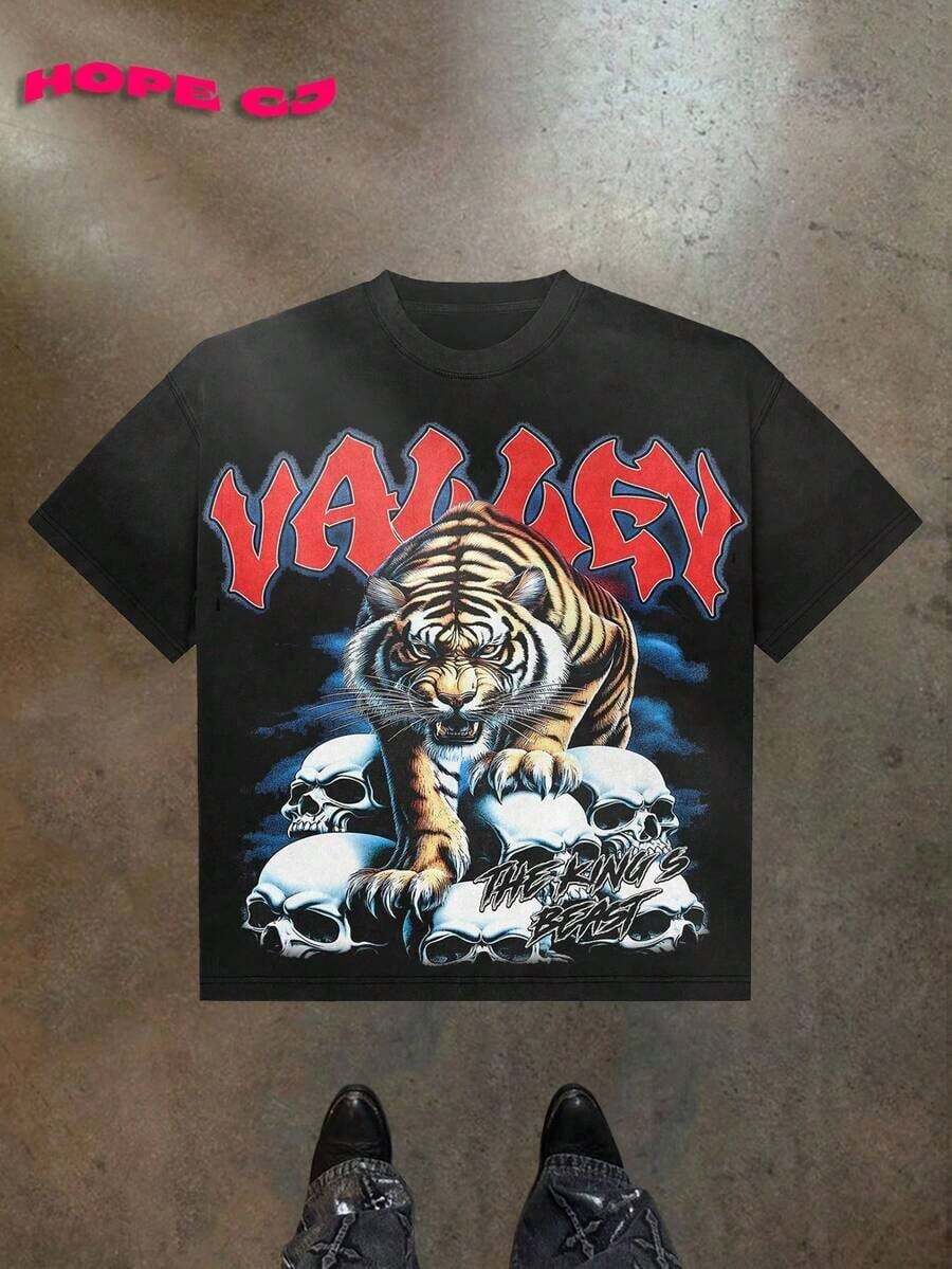Grafik-T-Shirts für Herren, Sommerkollektion, 1 Stück VALLEYTHE KING'S BEAST (220 Baumwoll-T-Shirt), Rundhals und kurze Ärmel, lässige Baumwolle, lässige Mode, geeignet für drinnen und draußen sowie als Urlaubs - Schwarz - Übersicht 1