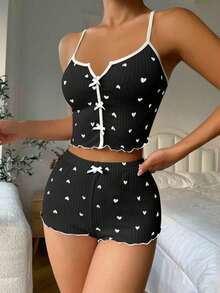 pijama / Pijama con estampado de corazón, ribete contrastante y lazo delantero - Negro 2 - Ver 4