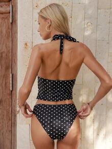 Top ajustado sin mangas con tirantes finos, escote en V y estampado de lunares, un top de bikini de verano a la moda - Blanco y Negro - Ver 2