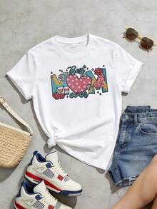 Women's Summer T-Shirt, Casual, Soft, Round Neck, Short Sleeve, With Pink Heart Floral Print, "World's Best Mom". Black. - 白色 - 查看 2