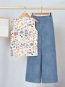 2 piezas Conjunto de mujer con estampado floral verde, adecuado para el verano - Azul - Ver 2