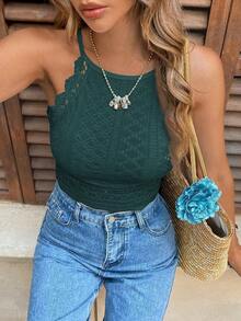 Camiseta de tirantes de mujer con cuello halter, hombros descubiertos y entredós de encaje - Verde Oscuro - Ver 5