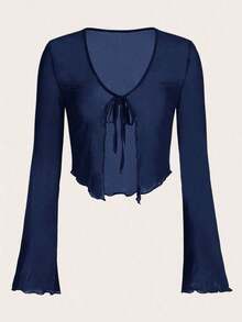 Top de malla con mangas acampanadas, abertura frontal con nudo, y ribete de lechuga.Top casual de mujer de ajuste regular, con cuello en V, mangas acampanadas con volante, y efecto colorblock en negro.Prenda de mujer sencilla para primavera/o - Azul marino - Ver 5