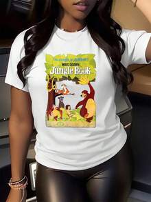 Ilustración colorida con personajes de animales del bosque tropical que transmiten energía y amistad mostrando un ambiente alegre y aventurero camiseta de mujer  cómoda casual moderna adecuada para uso diario - Blanco - Ver 2