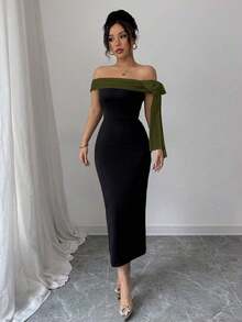Vestido largo elegante con hombros descubiertos y decoración de lazo - Multicolor 2 - Ver 6