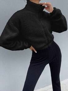 Drop Shoulder Zip Up Teddy Jacket Fall Winter Cloth For Women - Negro - Ver 7