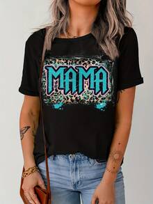 Camiseta con Estampado "Letter Mama", Manga Corta, Cuello Redondo, Estilo Casual para Primavera y Verano, Ropa de Mujer - Negro - Ver 7