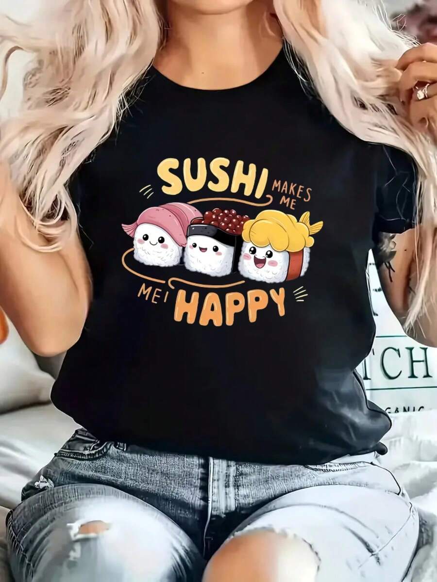 Women's Short Sleeve T-Shirt With Cartoon Rice Ball Design - Black - View 1