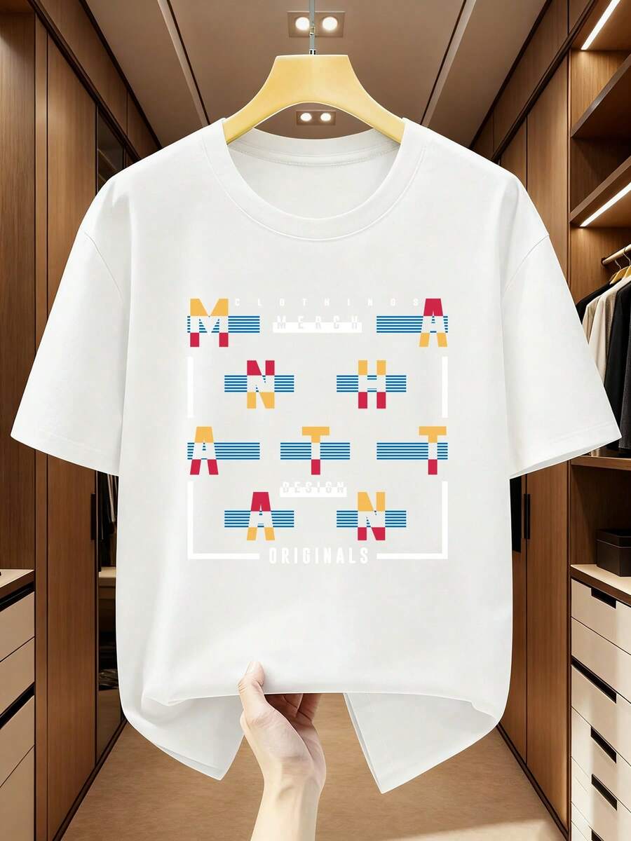 Men's Plus Size T-Shirt 100% Original With Modern Print, Short Sleeves, Individual Urban Style With Geometric Elements, Comfortable And Casual Short Sleeve T-Shirt For Summer - 白色 - 查看 1