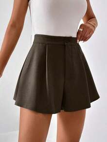Shorts de pierna ancha unicolor con bolsillo oblicuo - Café integral - Ver 3