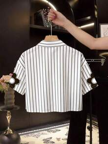 Camisa casual de mujer de unicolor, de manga corta, con hombros caídos y botones delanteros, para verano - Multicolor 3 - Ver 2
