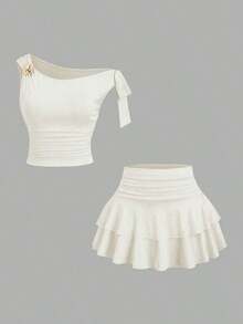 Conjunto de top de tirantes y minifalda plisada y con decoración de flores metálicas para mujer, ideal para el verano - Albaricoque - Ver 9