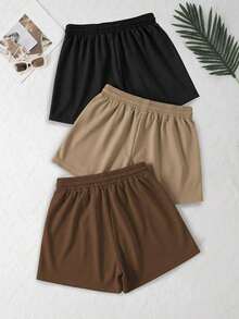 3 piezas Pantalones cortos deportivos casuales de cintura elástica y cordón de unicolor - Multicolor 4 - Ver 2
