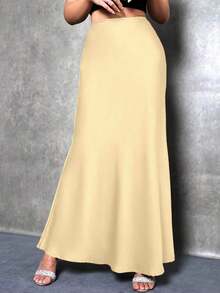 Falda de estilo de cola de sirena de unicolor para mujer, falda de satén, falda larga elegante, adecuada para fiestas y uso diario - Amarillo claro - Ver 6