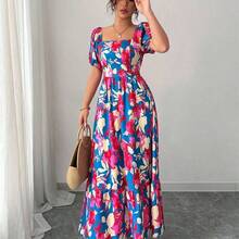 Elenzya Floral Print Waist Defined Puff Sleeve Square Neck Women Dress - Amarillo - Ver 7