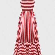 Women's Shoulder Strap Chest Gathered Striped Dress Maxi Vacation Beach Outfit - Púrpura malva - Ver 6