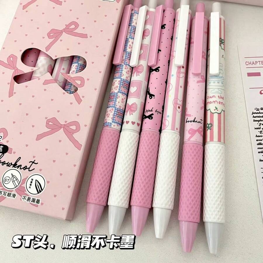 16支粉色蝴蝶结伸缩圆珠笔套装，书写流畅，黑色墨水，符合人体工学设计，[6支笔+10支笔芯]，中号笔尖，握感舒适，可爱文具必备，非常适合记笔记、书写，办公学习用品，生日、圣诞节、万圣节、情人节、新年、复活节礼物 - 16件/套 - 查看 1