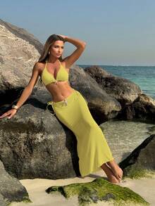 Novedad Conjunto de bikini liso - Set de 3 piezas con diseño de estrellas de mar y maxifalda de malla transparente. - amarillo brillante - Ver 12