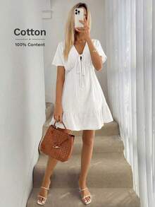 Vestido paraguas con cuello en V, lazo en los hombros, mangas caídas, cintura recogida, volantes en el bajo, de doble capa con textura de crepé 100% algodón, casual, relajado y elegante para uso diario, vacaciones, primavera y verano para mujeres - Blanco - Ver 5