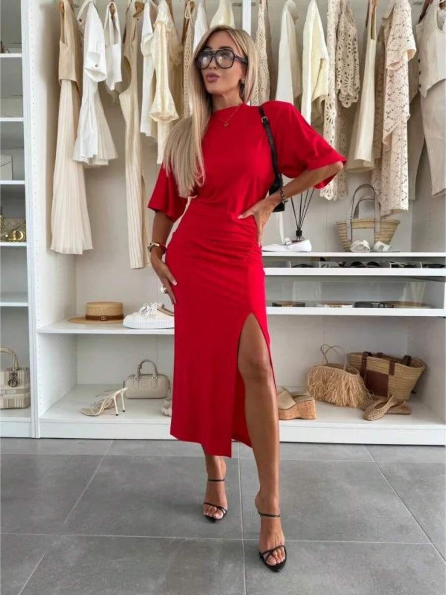 Women's Long Summer Dress In European Style, Sensual Design With Slit And Adjustable Laces - 紅色 - 查看 1