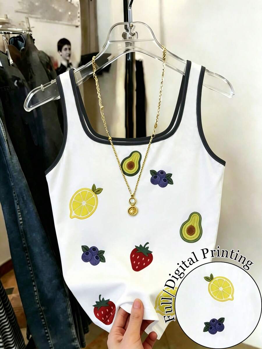 Colorblock Crab & Lobster Print Sleeveless Crop Top, Fitted Slim Sexy Camisole For Beach Vacation, Y2K Style Suitable For Daily Casual, Travel, Beach Party, Street, School, Shopping, Country Music Festival, Summer Essential For Women - Multicolor - View 1