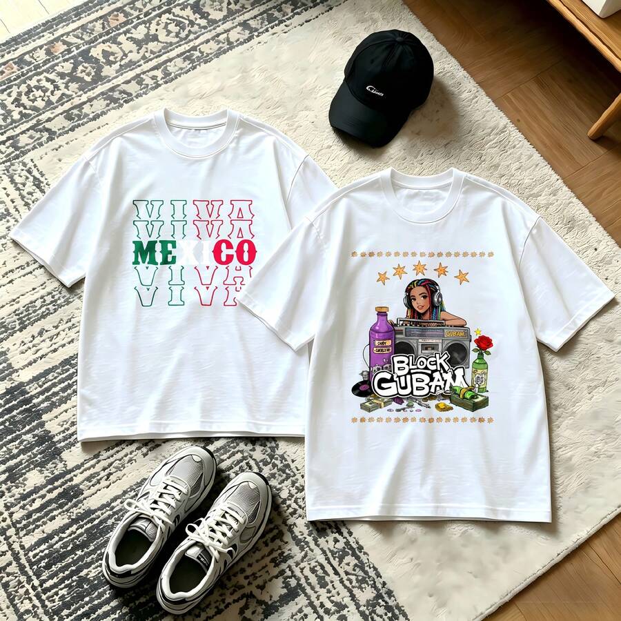 2-Piece Couple Matching Pattern T-Shirt, 100% Cotton, Loose Fit, Soft And Breathable, Casual Round Neck Short Sleeved Top Astronaut With Gold Chain And Flowers Versatile Patterns No Picky Combinations Coordinated Dating Casual Travel Simple And Cartoonish Printing Styles High Cost-Effectiveness - 白色 - 查看 1