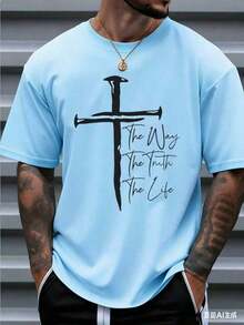 Men's Christian Faith Graphic T-Shirt - Way, Truth, Life Cross Design, 100% Cotton, Breathable Short Sleeve T-Shirt, Suitable For Casual And Outdoor Wear In Spring And Summer, Religious Theme Clothing, Bold Comfortable Style Graphic T-Shirt, Christian T-Shirt - Unisex Plus Size Top - 藍色 - 查看 3