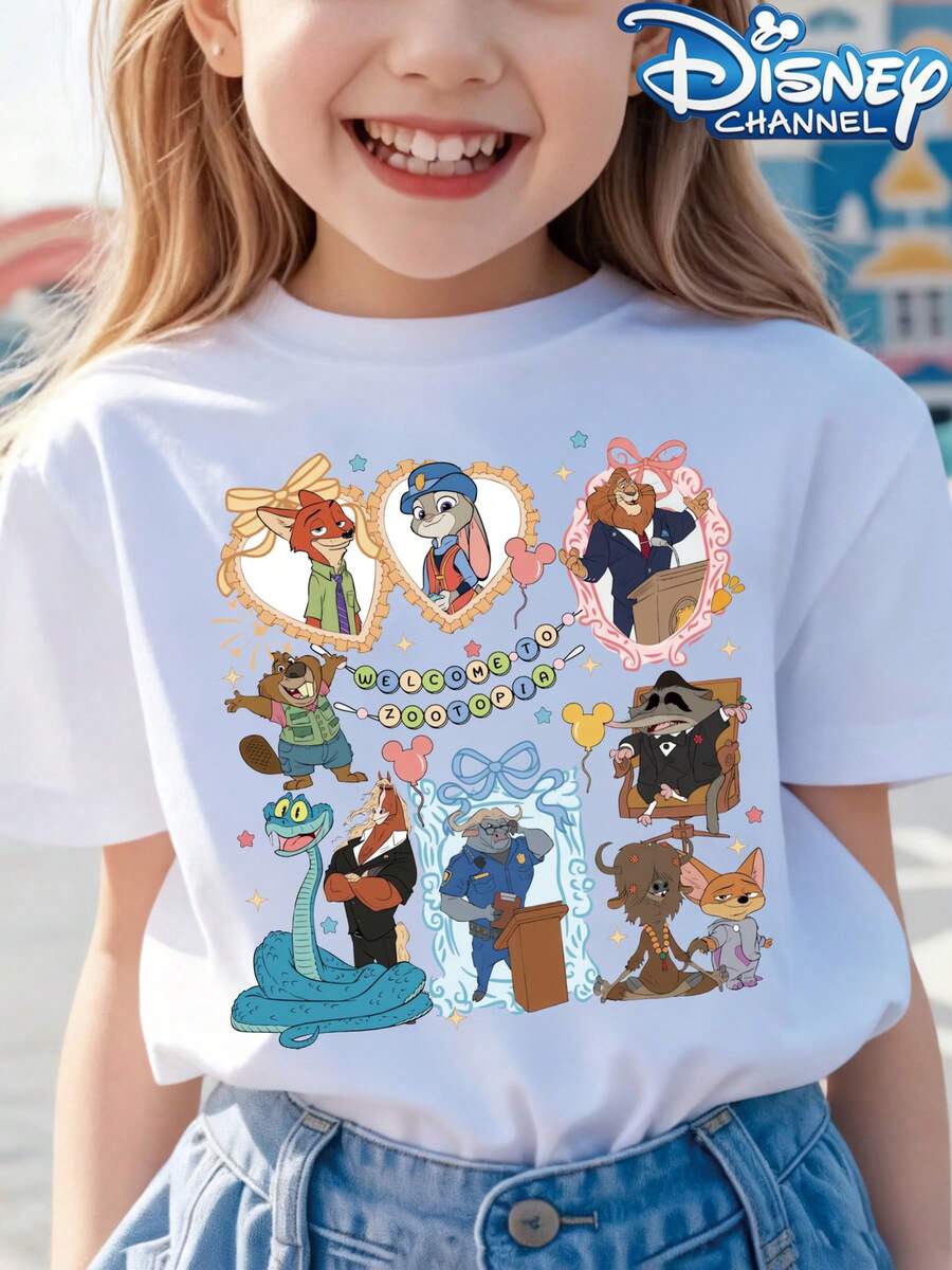 [Authorized] Zootopia Print Disney Girls' Summer Round Neck Casual T-Shirt For Children, Slightly Stretchy Fabric, Suitable For Birthday Gifts, Ideal For Daily Activities, Sports, And Travel, Summer T-Shirts For Girls - trắng - Xem 1