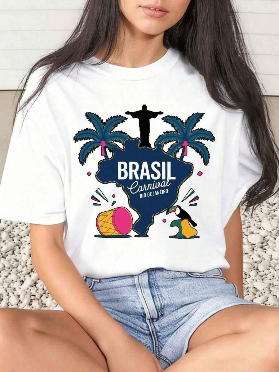 1 Piece Women's T-Shirt With Brazilian Carnival Print, Rio De Janeiro Festival Design, Daily Wear, Round Neck, Short Sleeve, Soft And Comfortable, 220g/180g, 100% Cotton - 白色 - 查看 1