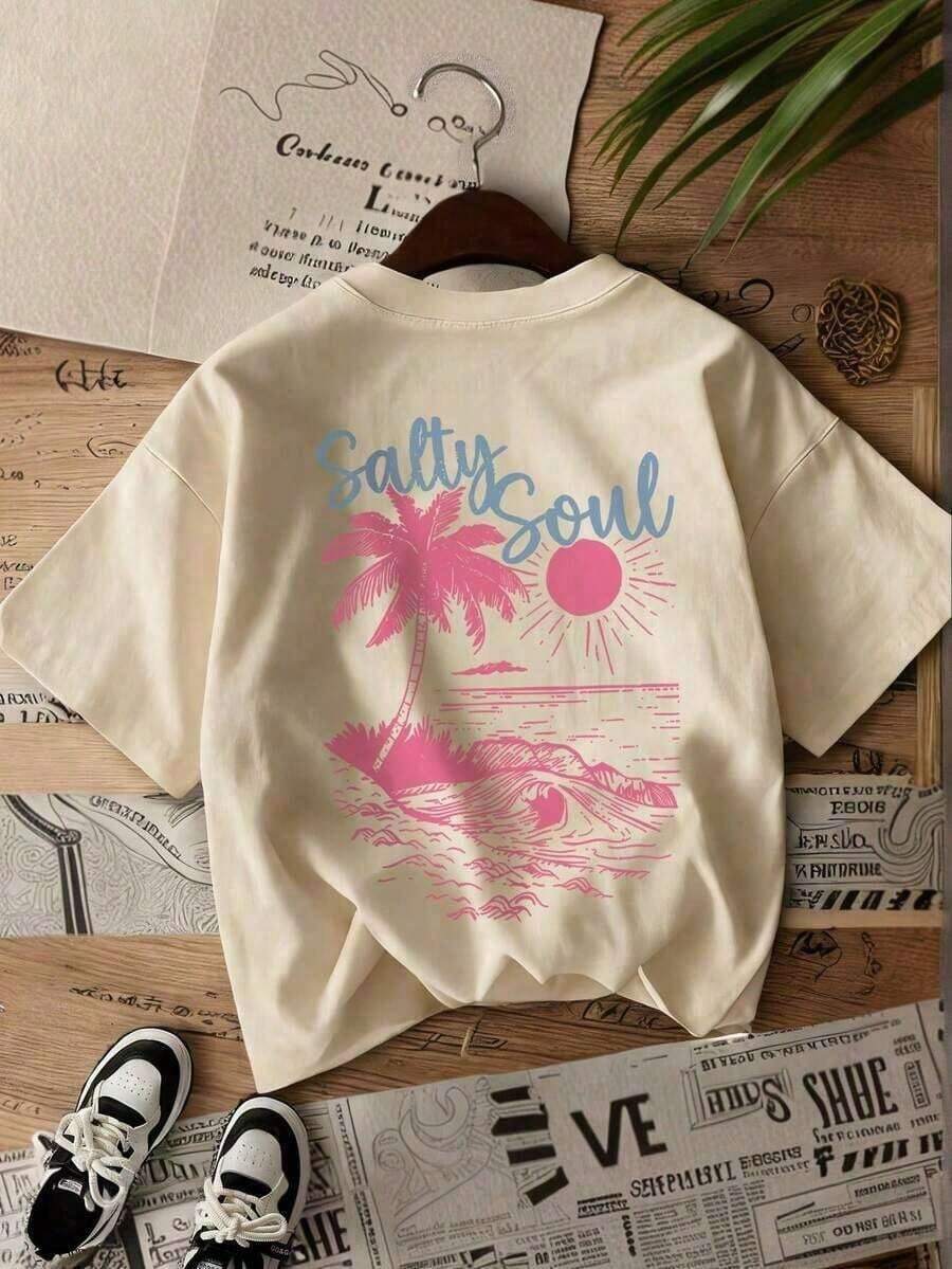 Nuova Collezione Primavera/Estate 2026 SALTY SOUL Da Donna: T-Shirt Girocollo Casual Con Stampa Di Palma Da Cocco E Sole, Versatile Per Tutti I Giorni E Per Le Vacanze. T-Shirt S - 杏子 4 - 查看 1