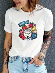 Camiseta Casual para Mujer, Cuello Redondo, Estampado "Love Is Fruit", 95% Algodón 5% Spandex, Elasticidad Media, Para Todas las Temporadas, Manga Corta, Para Deportes y Ocio, 100% Algodón, Resistente - Blanco - Ver 1
