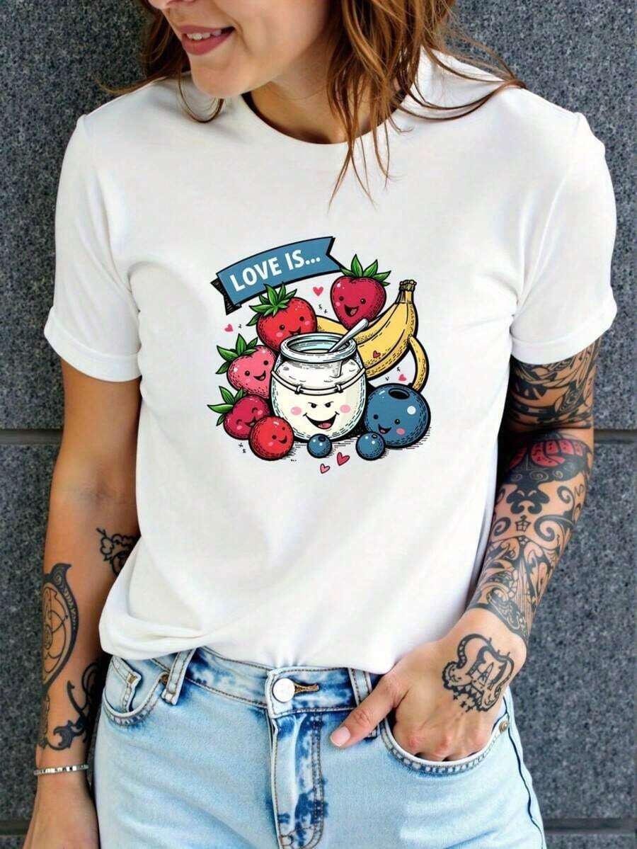 Camiseta Casual para Mujer, Cuello Redondo, Estampado "Love Is Fruit", 95% Algodón 5% Spandex, Elasticidad Media, Para Todas las Temporadas, Manga Corta, Para Deportes y Ocio, 100% Algodón, Resistente - Blanco - Ver 1