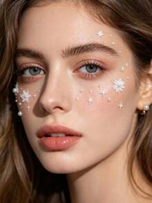 1pc Cool White Starry Face Sticker, Suitable For Ancient Chinese Costume, Nature-Inspired Makeup, Music Festival, Party, Cosplay Stage Makeup, Waterproof Adhesive Decorative Sticker With Pearl Accents - Multicolor - View 2