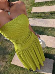 Vestido casual de vacaciones con lunares amarillo crema sin tirantes para mujer - Verde - Ver 6