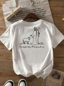 Graphic TeesBlusa Casual de Manga Corta para Mujer con Estampado del Buen Pastor, Cuello Redondo y Paneles Frontal y Trasero con Flock - Ropa de Mujer, Ajuste Cómodo, Diseño Clásico100% cotton - [Blanco] - Ver 3