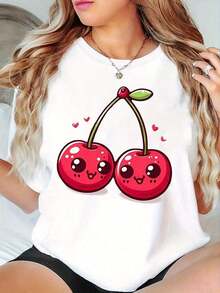 Cute And Creative Cherry Heart Design, Stylish And Y-Patterned, Women's Short-Sleeved T-Shirt, Sporty, Comfortable And Casual, Perfect For A Summer Vacation. Standard Casual Women's T-Shirt, Breathable, Lightweight, And Short-Sleeved. - 白色 - 查看 7