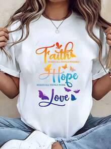 Women's Modern Minimalist T-Shirt With Butterfly Print "Faith, Hope, Love", Round Neck, Casual Top For Everyday Wear, Gift - 白色 - 查看 1
