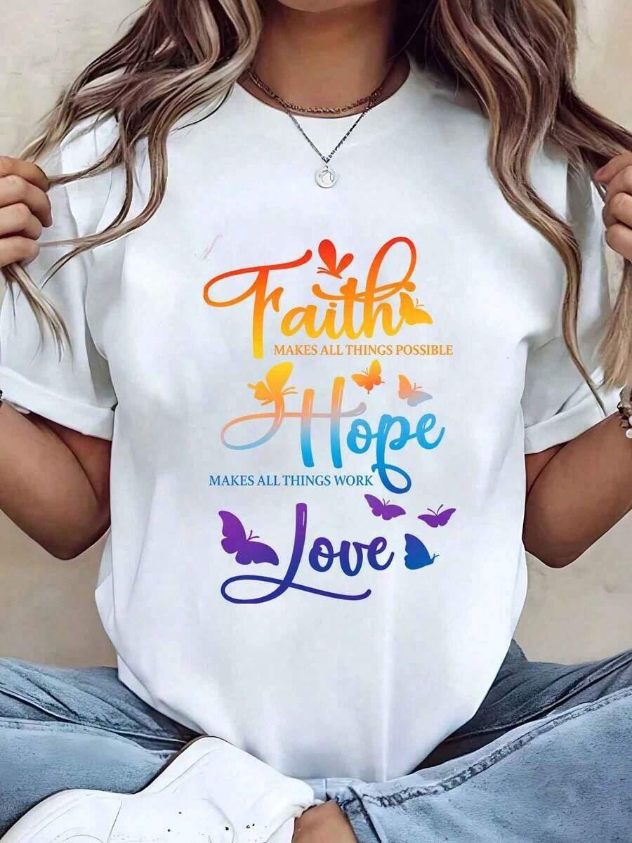 Women's Modern Minimalist T-Shirt With Butterfly Print "Faith, Hope, Love", Round Neck, Casual Top For Everyday Wear, Gift - 白色 - 查看 1