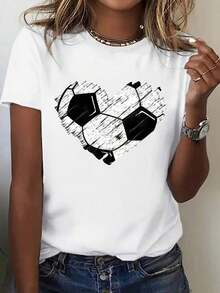 Modern And Minimalist Women's T-Shirt, Short Sleeve And Round Neck, With A Unique Graphic Print Of A Heart-Shaped Soccer Ball, Ideal For Everyday Comfort And Casual Fashion. - 白色 - 查看 7