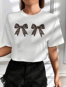 Women's Cropped T-Shirt In Pure Cotton With Animal Print Bow, Modern Casual Style And Comfortable For Everyday Wear And Versatile Combinations. 100% Cotton - 白色的 - 查看 1