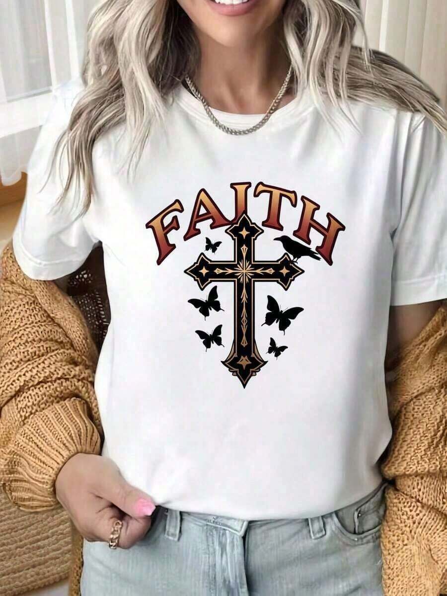 Diseño simple y versátil, camiseta de manga corta con cuello redondo y estampado divertido para mujer, con motivos de cruz y paloma, temática religiosa cristiana, estilo casual negro, perfecta como regalo para Navidad, deportes de grupo, celebraciones festivas, eventos deportivos y otras ocasiones festivas, camiseta de algodón puro para mujer. - Blanco - Ver 1